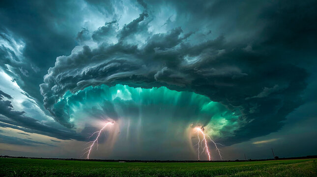 A powerful supercell thunderstorm with a vibrant green hue illuminates the sky as lightning strikes the ground across a vast, green landscape under dramatic clouds.