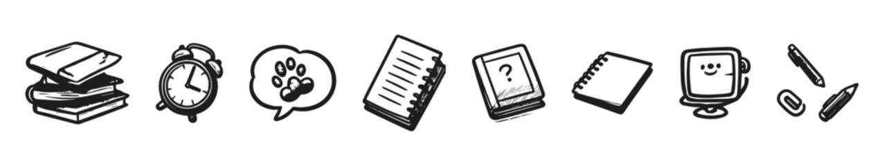 Set of whimsical school icons including books, devices, and writing tools in monochrome sketch style, vector