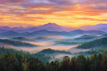 Colorful sunrise over a misty mountain range.