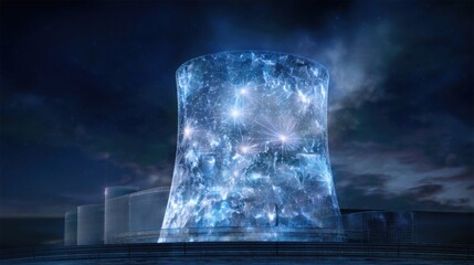 A futuristic nuclear power plant with glowing blue ice crystals on the exterior of its chimney, glowing digital data connections in the space around it, dark sky background.