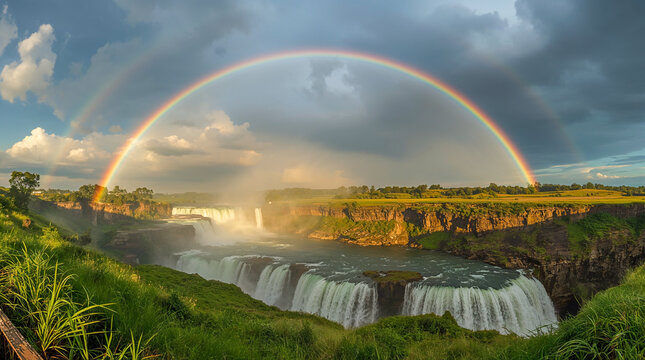 A vibrant double rainbow arcs over powerful waterfalls cascading into a turquoise river, surrounded by lush green cliffs and a dramatic sky.