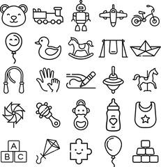 Kids & Toys Icons Logo Set Teddy Bear Carousel Horse Block Stack Smiley Face Balloon Kite Flying Robot Train Engine Child Handprint Kids’ Puzzle Piece Crayon and Drawing Tricycle Pinwheel Spinning 