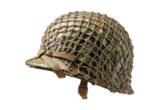 Camouflaged military helmet, profile view.  Beige/tan net cover,  camouflage pattern on the helmet.  Adjustable straps