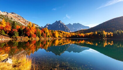 Fototapeta premium Autumnal lake nestled amidst mountains