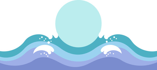 Ocean waves with stylized foam and a blank circle in the center. Abstract background with layered colors and shapes of ocean waves for various projects.