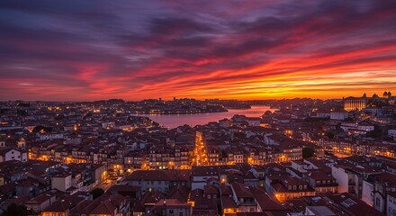 Obraz premium Cityscape at Sunset with Colorful Sky and Illuminated Streets