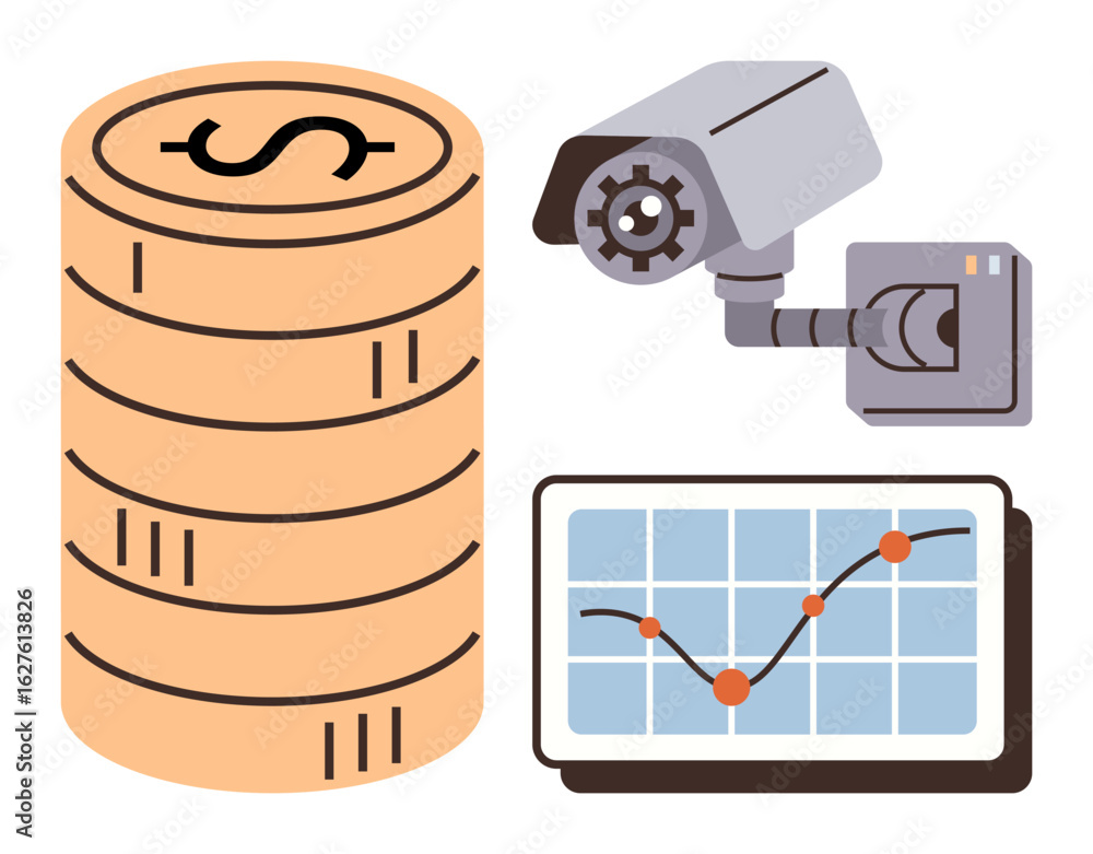 Poster stack of coins representing wealth, security camera monitoring for protection, and analytics chart t