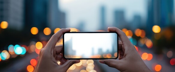 The smartphone capturing a vibrant cityscape with beautiful bokeh lights.