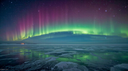 Vibrant green and purple aurora borealis dance across a starry sky above a vast, frozen landscape with reflections in the ice.