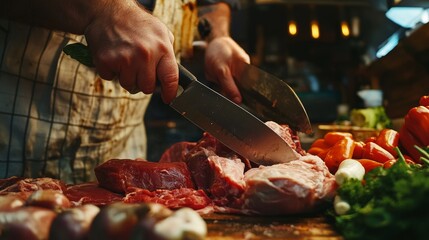 Skilled hands of a butcher precisely cutting raw meat with a sharp knife, surrounded by various cuts and fresh vegetables, showcasing culinary expertise