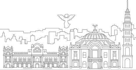 Fototapeta premium Detailed Outline of Mexico City Skyline with Angel of Independence and Prominent Buildings Vector