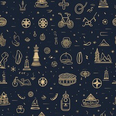 Seamless Pattern with Golden Line Art Doodles on Dark Background