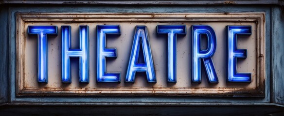 The vibrant neon theatre sign illuminating the evening urban landscape.