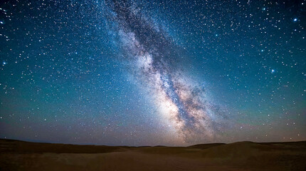 The Milky Way galaxy arches majestically across a starry desert sky, illuminating the silhouetted dunes below with its cosmic glow.