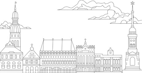 Fototapeta premium Detailed Riga Skyline Outline Vector Illustration Depicting Cityscape with Architectural Landmarks