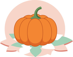 Orange pumpkin with pale pink and mint green floral arrangement on a peach background. Whole pumpkin rests on a decorative floral backdrop.