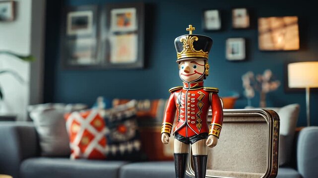 A vintage-style toy soldier figurine, likely a tin soldier, stands in a decorative wooden box, within a home setting