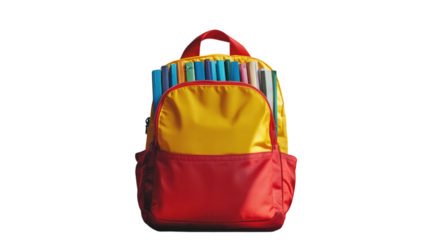 Bright colored backpack with school supplies on a white background, transparent background, cutout PNG