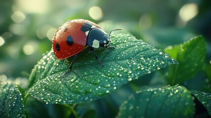 Fototapeta premium Macro View of a Ladybug on a Dewy Green Leaf ladybug macro insect beetle nature green leaf dew drops