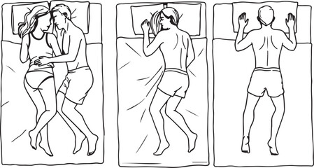 Couple Sleeping Positions Top View Line Drawing vector illustration