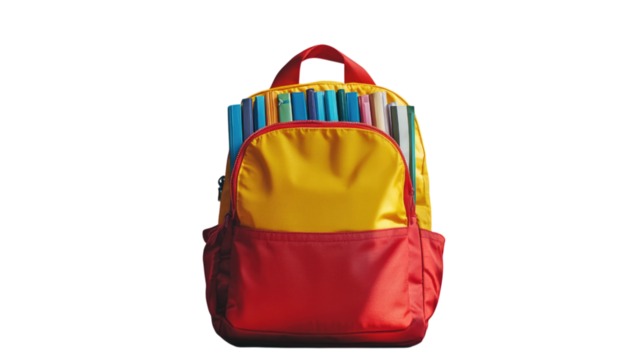 Bright colored backpack with school supplies on a white background, transparent background, cutout PNG