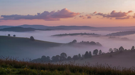 Rolling hills shrouded in morning mist under a soft pink and purple dawn sky. Lone trees dot the landscape, creating a serene and tranquil atmosphere.