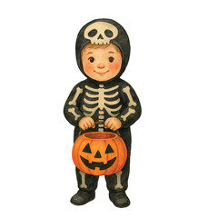 Vector Adorable watercolor Halloween illustration of a young boy in a skeleton costume holding a pumpkin-shaped trick-or-treat bucket. Perfect for vintage Halloween projects and seasonal designs.