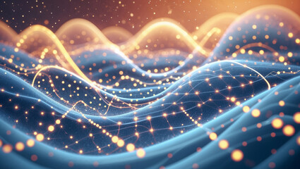 Abstract background featuring a flowing wave of dots and weaving lines, representing a network connection structure. The composition is inspired by generative AI aesthetics, with smooth, dynamic curve
