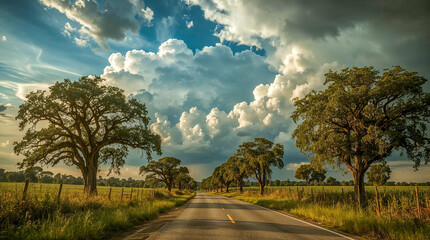 A scenic drive down a tree-lined road with dramatic clouds overhead.