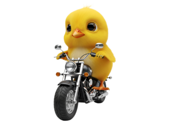 A cute, yellow, fluffy chick, cartoon-style, riding a small motorcycle directly facing the camera with a serious expression. isolated on transparent background