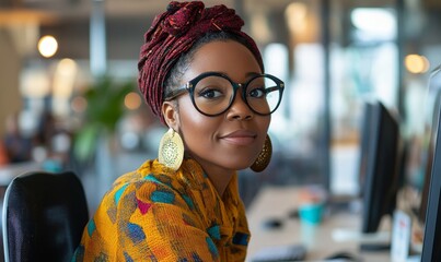 Portrait of a successful disabled Black lesbian woman working on a computer in an open-plan office. The image reflects empowerment in the tech industry, emphasizing diversity, Generative AI