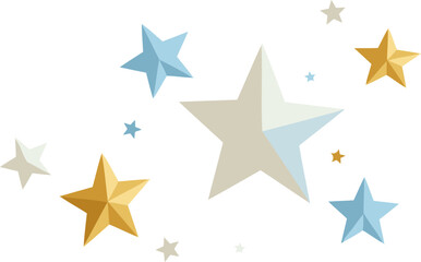 Obraz premium Abstract graphic design of various stars in light blue, white, and gold, clustered in a dark blue background. Decorative, flat design elements in a nighttime, celestial theme.