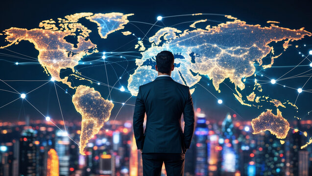 A businessman stands in front of a glowing world map network on a futuristic background, symbolizing global business connections, technology, innovation, and international corporate strategy. - Powered by Adobe