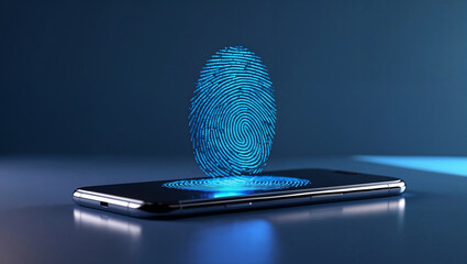 Abstract fingerprint authentication with holographic interface representing biometric security, data protection, and next-generation digital safety technology in a modern, innovative cyber environment