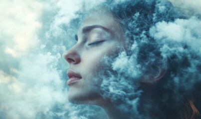 Young woman with her head in the clouds, reflecting on themes of depression, loneliness, and mental health. The image conveys a psychological journey of racing thoughts, Generative AI