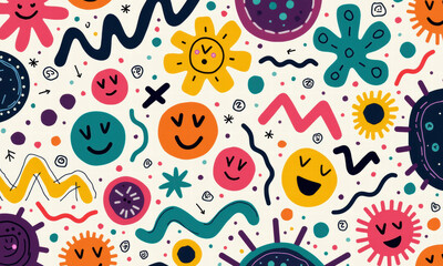 Naklejka premium Cute Cartoon Microbes and Shapes Pattern