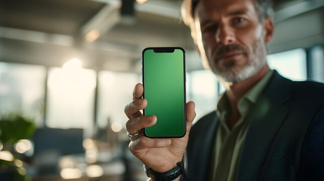 Professional Man Holding Blank Green Screen Mobile Phone Mockup in Modern Office
