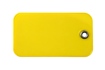 Bright yellow rectangular tag, blank, with a metal hole