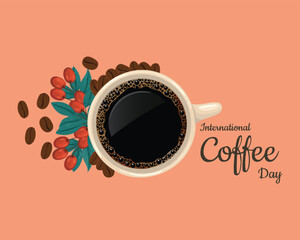 Vector illustration of happy International or national Coffee Day with hand lettering. Suitable for greeting card, poster and banner. mobile background