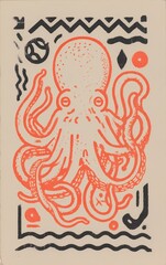 graphic octopus illustration red and black linocut print