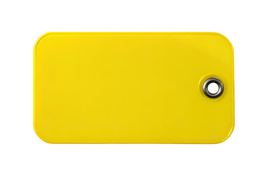 Bright yellow rectangular tag, blank, with a metal hole