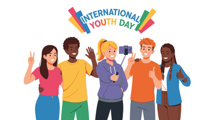 Obraz premium Diverse young adults celebrating International Youth Day with selfie and positive vibes