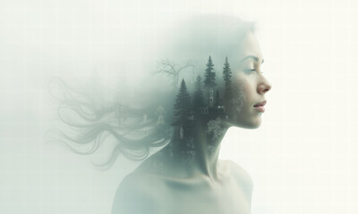 Dreamy Double Exposure: Woman's Profile Merged with Misty Forest Landscape