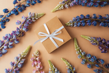 Gift box and lupine flowers on beige background