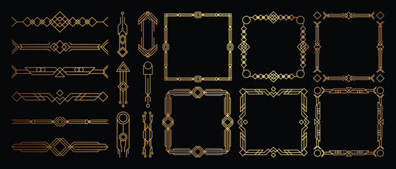 Fototapeta premium Geometric art deco ornament vector set. Luxury golden decorative elements with different lines, frames, headers, dividers and borders. Set of elegant design suitable for card, invitation, poster.