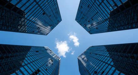 wide-shot perspective looking straight up at towering