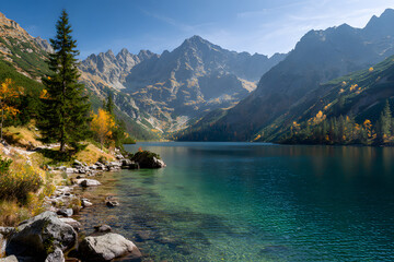 Majestic mountain and serene lake landscape