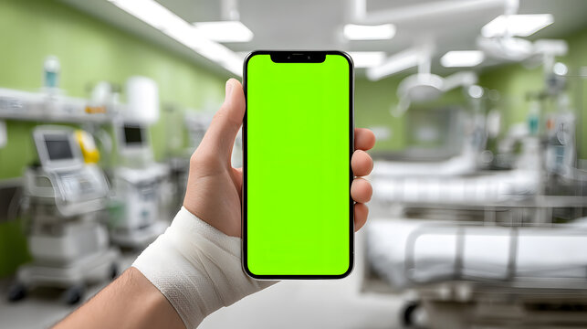 Person with Bandaged Wrist Holding Modern Smartphone with Green Screen in Hospital Room