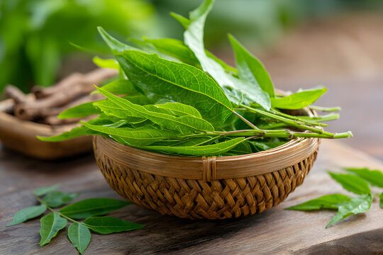 Natural Thai herbal remedy made from organic Kariyat leaves, scientifically identified as Andrographis paniculata Wall ex Ness, belonging to the Acanthaceae family.