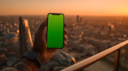 Hand Holding Smartphone with Green Screen Mockup during Golden Hour Sunset over City